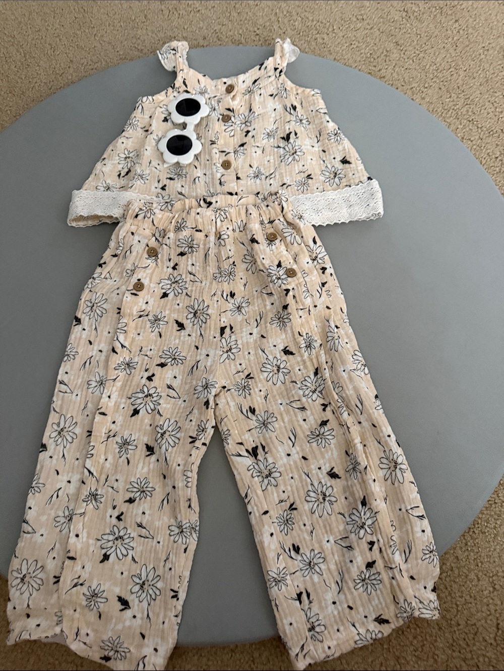 Cream Floral Wide-Leg Jumpsuit for Girls